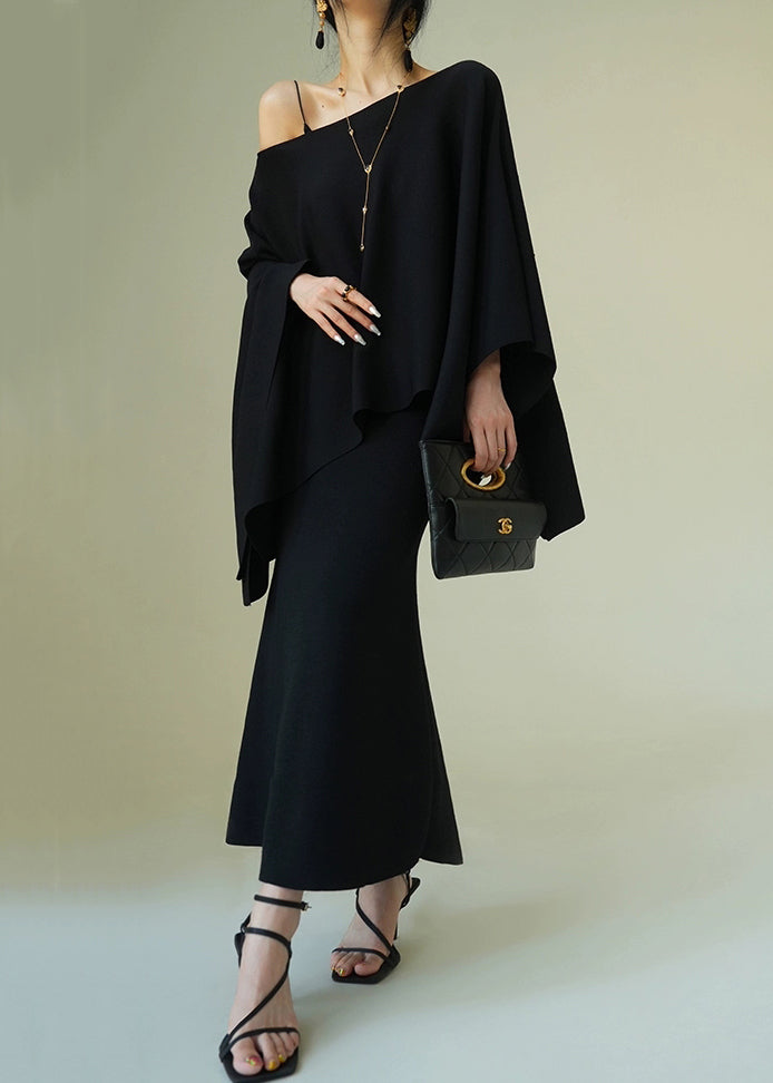 Black Knit Two Pieces Set O-neck Batwing Sleeve