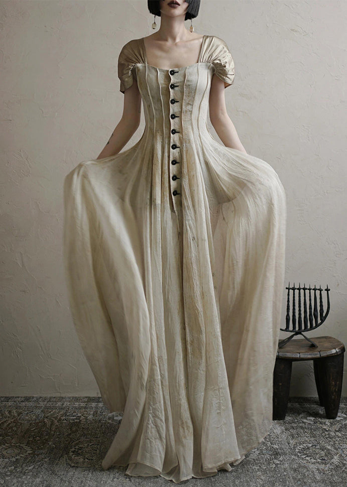 Square Collar Button Long Dress Summer