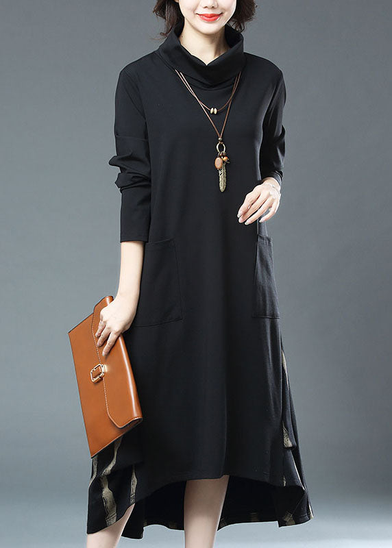 Black Striped Pockets Patchwork Cotton Dress Fall