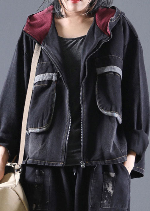 Handmade Black Hooded Denim Coats Spring