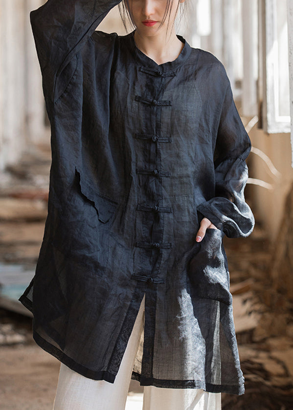 Black Oriental Button Linen Shirts Tops Spring
