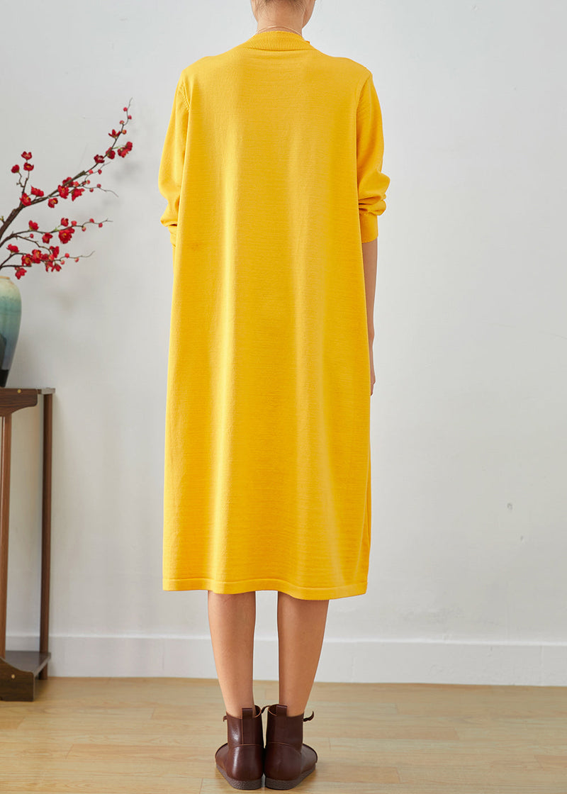 Yellow Stand Collar Patchwork Button Knit Sweater Dress Fall