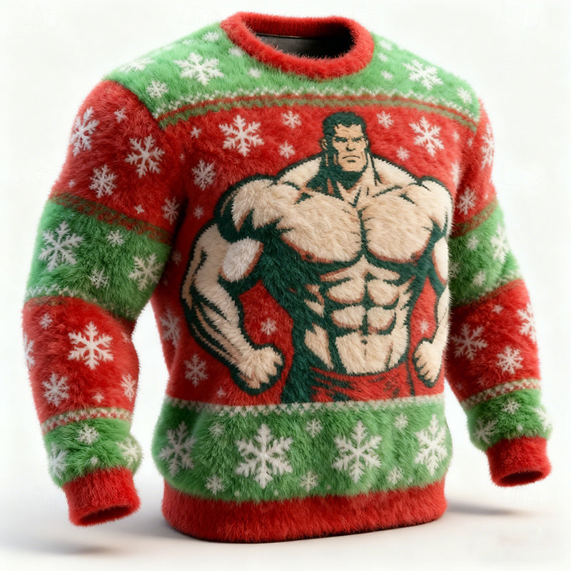 Comstylish Men's Christmas Muscles Print Plush Sweatshirt