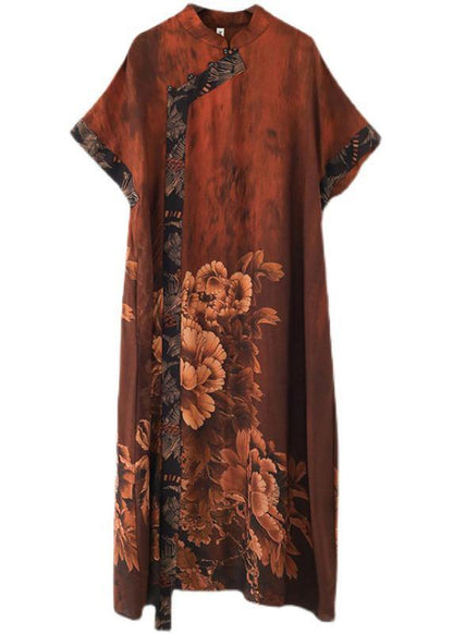 Red Print Chiffon Peony Oriental Summer Dress