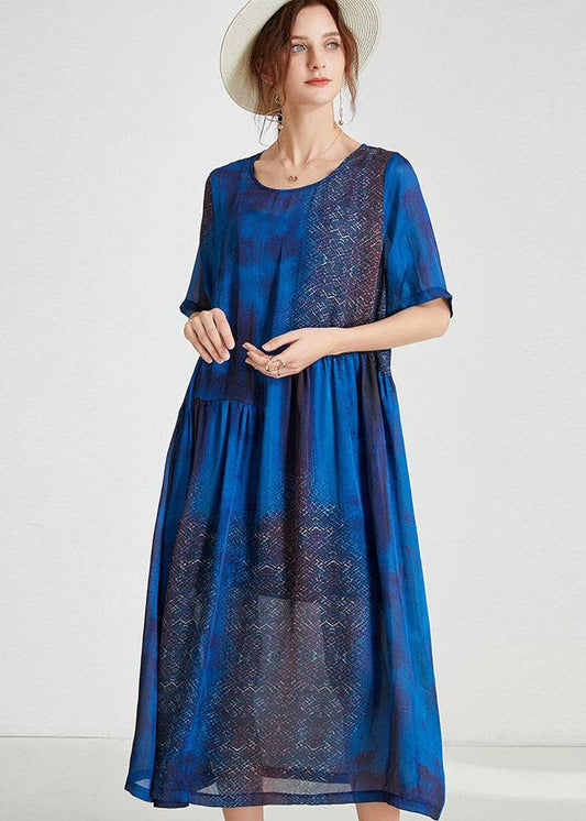 Blue O-neck Patchwork Summer Dresses Half Sleeve