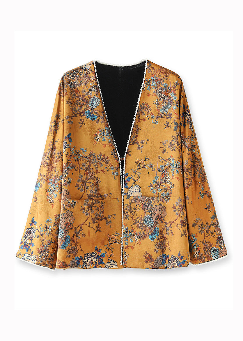 Chinese Style Yellow V Neck Print Nail Bead Wear on Both Sides Silk Coat Fall