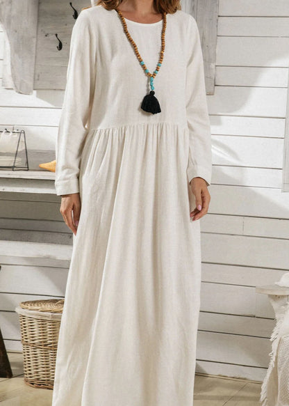 Italian White O Neck Wrinkled Exra Large Hem Cotton Dresses Spring