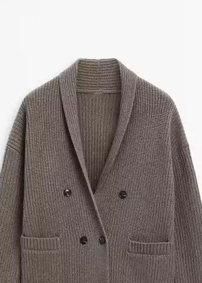 Modern Brown Notched Patchwork Knit Cardigans Fall
