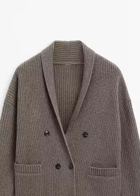 Modern Brown Notched Patchwork Knit Cardigans Fall
