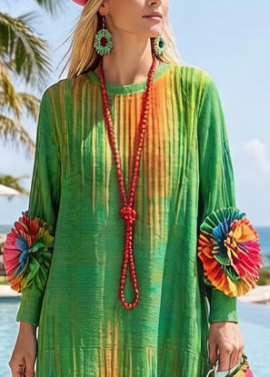 Italian Green Tie Dye Decorated Cotton Maxi Dresses Spring