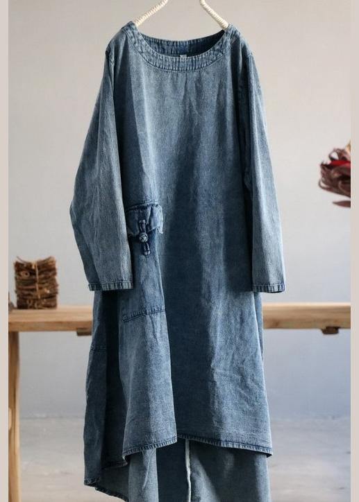 Denim Blue U Neck Dress Large Hem Spring Mid Dress