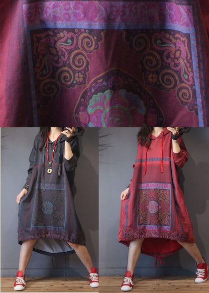Grey Print Cotton Hooded Summer Dress