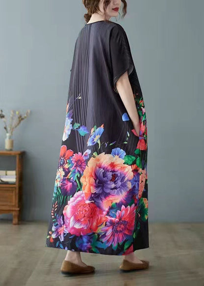 Black Print Asymmetrical Design Patchwork Silk Ankle Dress Summer