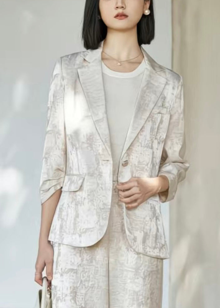 Beige Notched Tie Dye Linen Coats Fall