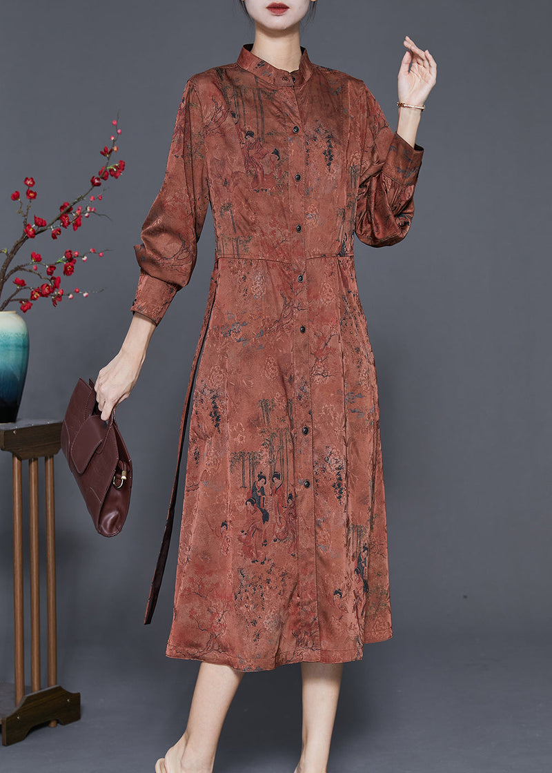 Coffee Stand Collar Print Tie Waist Silk Holiday Dress Spring