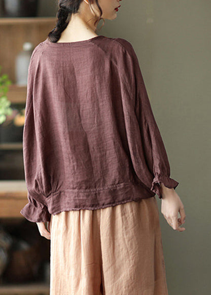 Style Dark Brown Tie Waist V Neck Embroideried Cotton Tops Batwing Sleeve