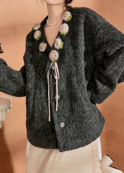 Black V Neck Pockets Woolen Coat Winter