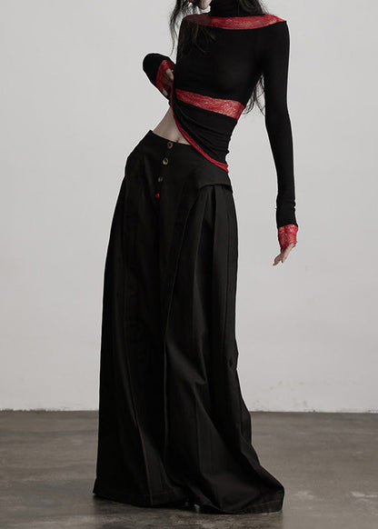 Stylish Black Pockets Wrinkled Patchwork Cotton Wide Leg Pants Fall
