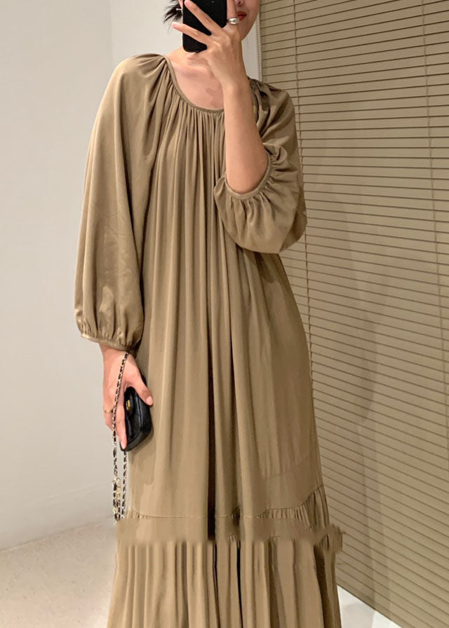 Fine Khaki Patchwork Wrinkled Cotton Dresses Spring