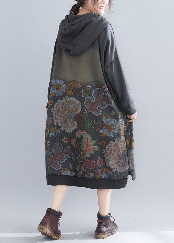 Grey Sweatshirt Dresses Hooded Drawstring Pockets Spring