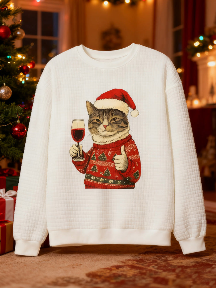 Japanese Art Christmas Black Cat Print Waffle Sweatshirt elevenforest