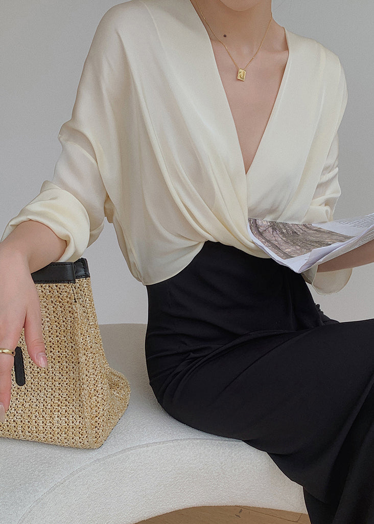 New Beige V Neck Chiffon Shirts Batwing Sleeve