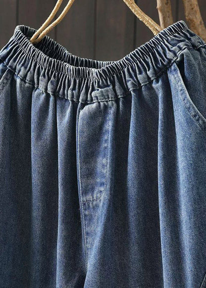Blue Elastic Waist Pockets Print Crop Jeans