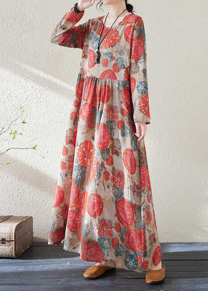 Handmade Red O-neck Print Wrinkled Holiday Dress Spring