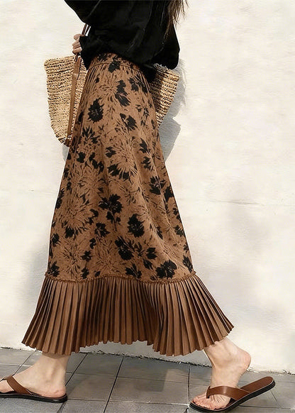 Coffee Print Pleated Patchwork Skirts Spring