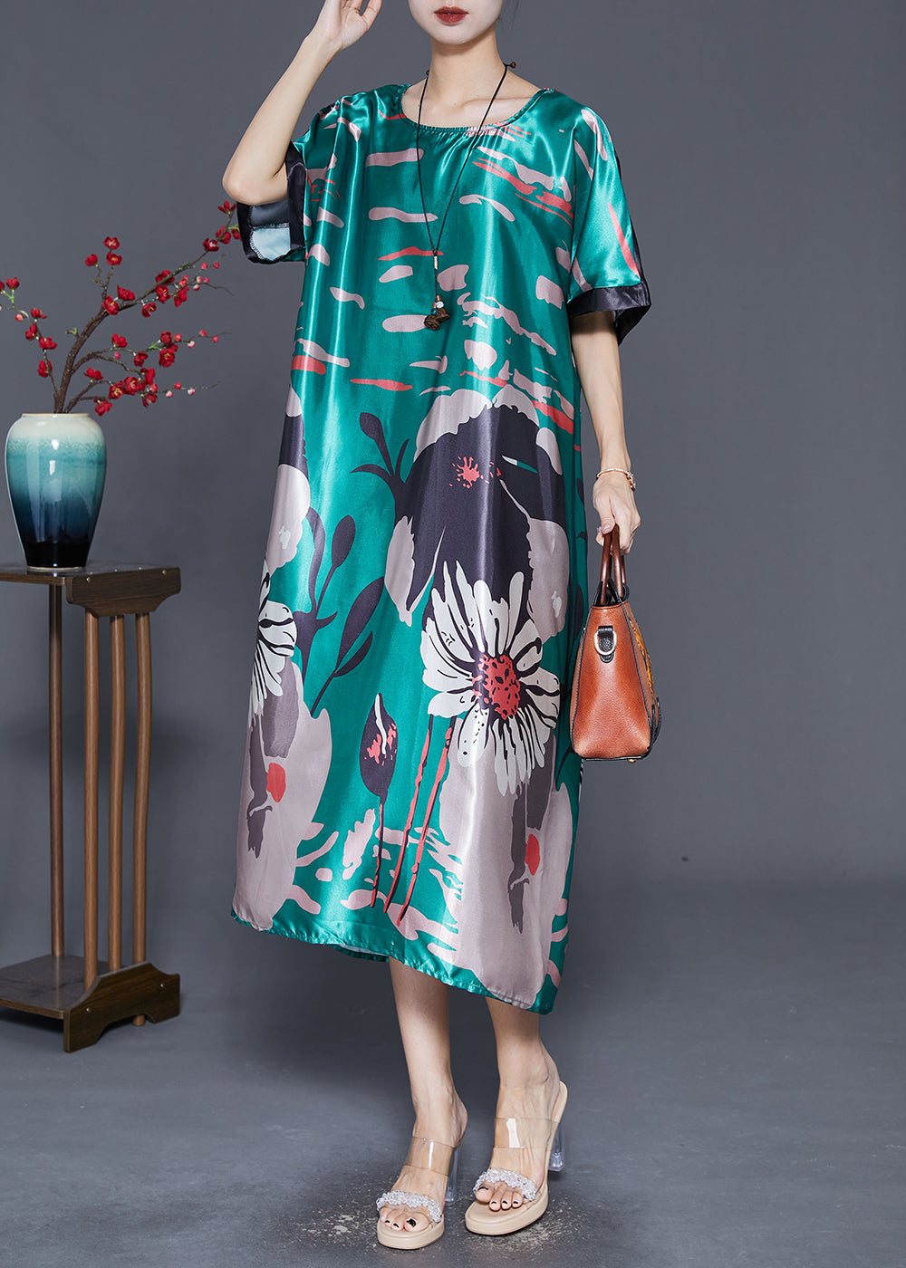 Diy Peacock Green Oversized Print Silk Dress Summer