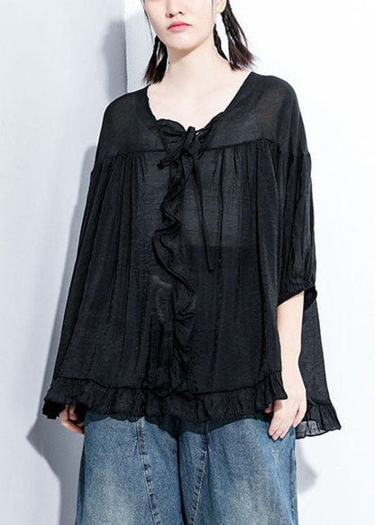 Fine Black V Neck Tie Wrinkled Top Three Quarter Sleeve