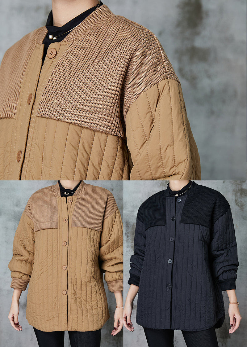 Khaki Patchwork Knit Fine Cotton Filled Jackets Stand Collar Spring