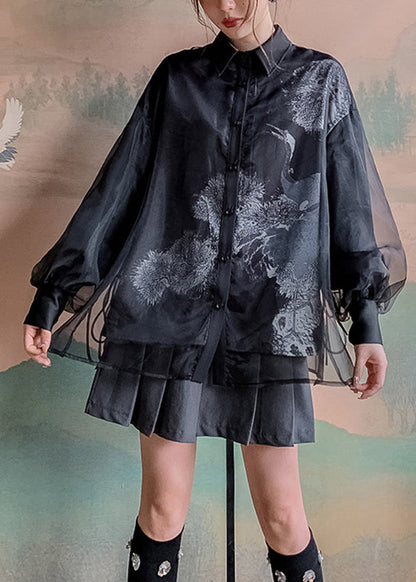 Black Peter Pan Collar Print Button Tulle Shirts Long Sleeve