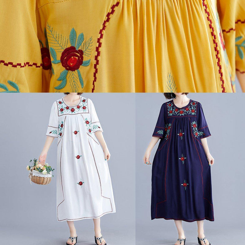 Handmade Navy Embroidery Cotton Clothes for O Neck Cinched Cotton Robes Summer Dress