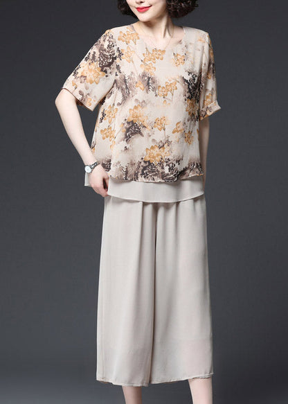 Apricot O-neck Print Layered Design Chiffon Tanks and Wide Leg Pants Two Pieces Set Summer