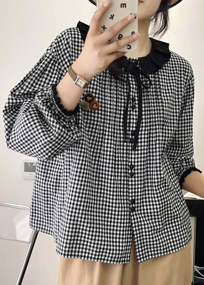 Grey Peter Pan Collar Plaid Linen Shirts Spring