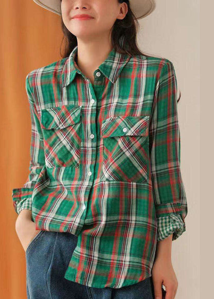 Green Button Peter Pan Collar Plaid Cotton Shirt Tops Spring