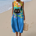 Comstylish Abstract Creative Oil Cat Style Painting Art Linen Tank Dress
