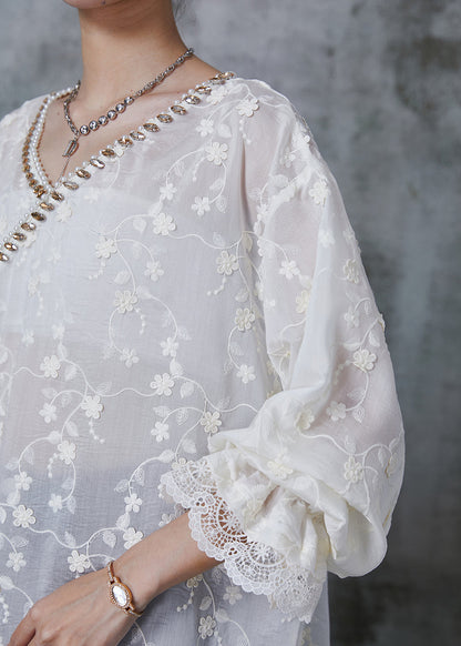 White Embroidered Zircon Cotton Shirt Tops Summer