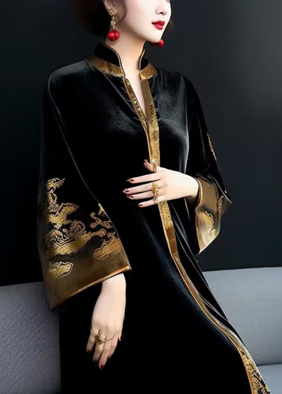 Black V Neck Print Patchwork Silk Velour Long Dresses Fall
