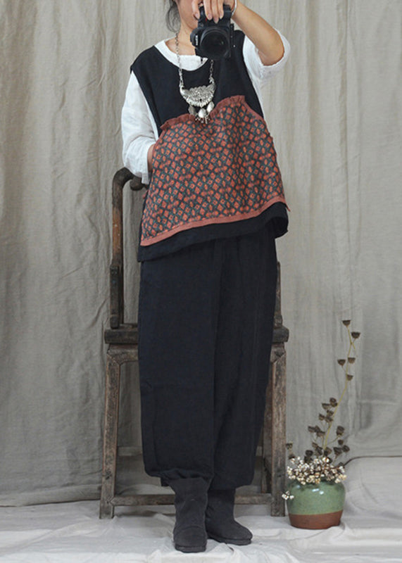 Black O-neck Print Linen Waistcoat and Pants Two Pieces Set Fall