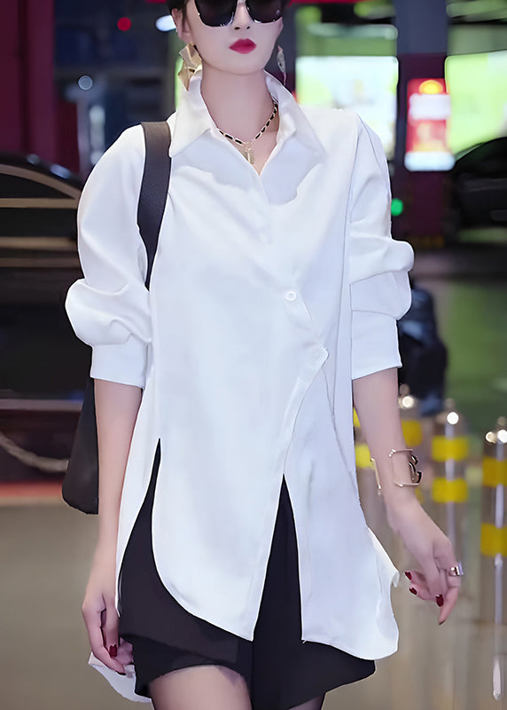 White Asymmetrical Button Cotton Blouses Fall