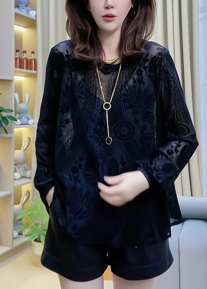 Hollow Out Lace Shirt Black V Neck Spring