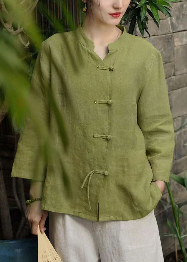 Green Stand Collar Button Linen Coats Long Sleeve