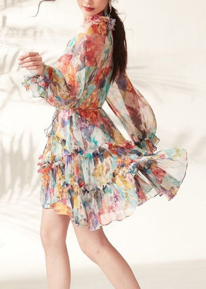 Rainbow Print Ruffled Lace Tie Mid Dresses Spring