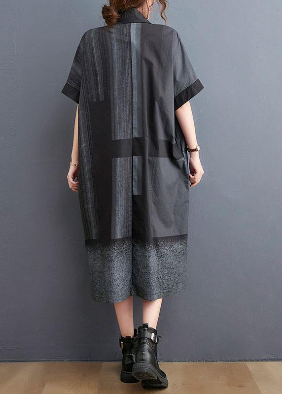 French Grey Black Peter Pan Collar Button Summer Half Sleeve Vacation Dress