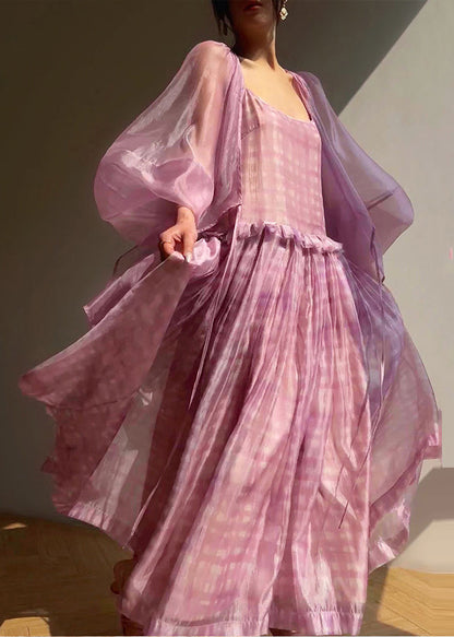 Stylish Purple Ruffled Silk Dress Two Pieces Set Spring