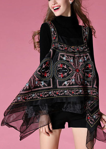 Black Knit Sweaters + Embroideried Print Fall Two Pieces Set