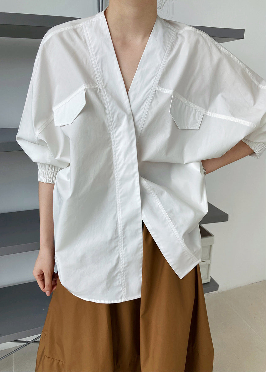 French White V Neck Cotton Shirts Top Batwing Sleeve