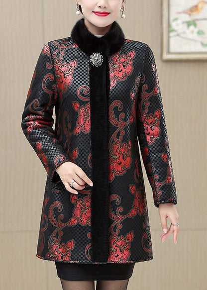 Classy Gold Fur Collar Print Warm Leather and Fur Coats Spring